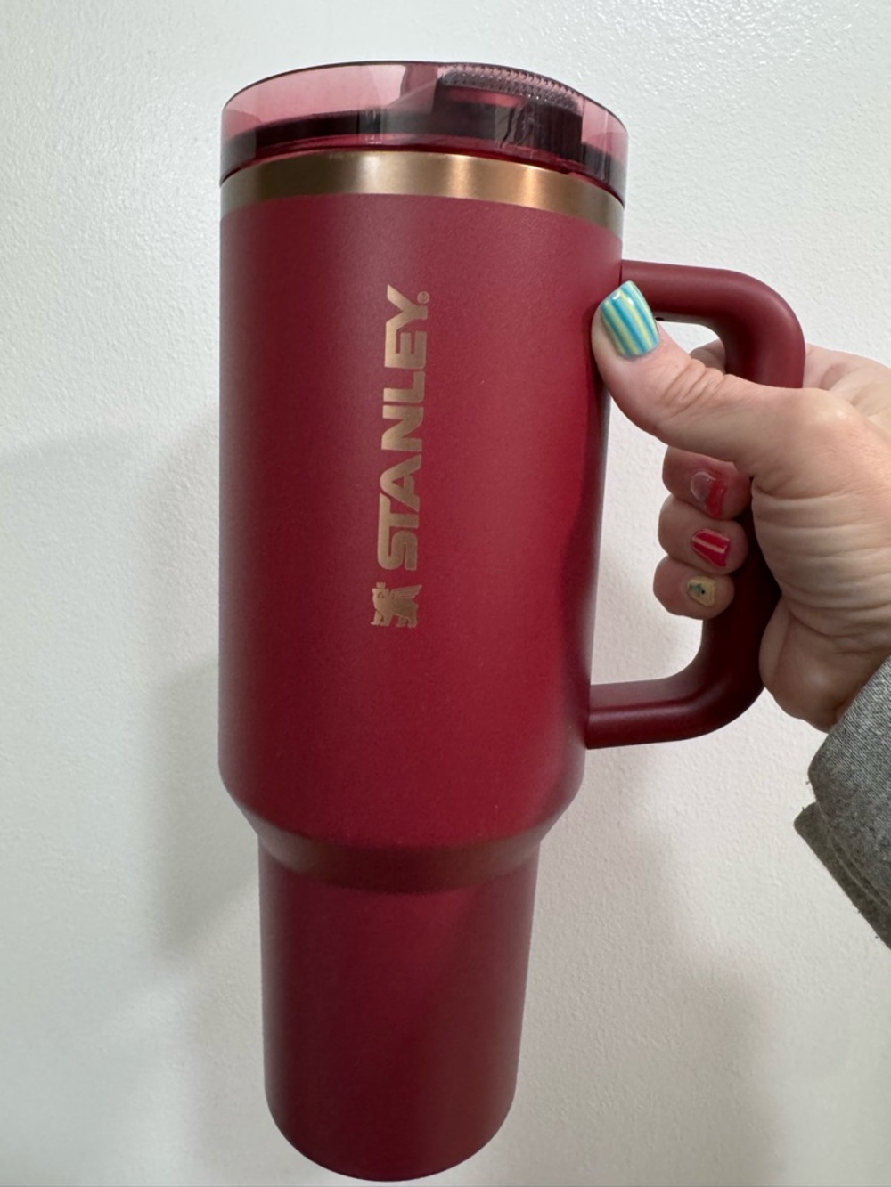Stanley 40oz Tumbler Pomegranate Pink Gold Logo Handle Straw Lid EUC